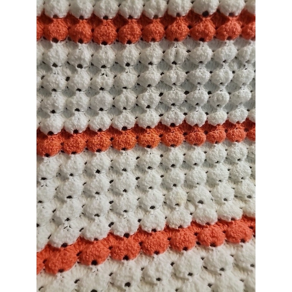 Vintage Crochet Blanket Peach‎ & White Handmade - Picture 2 of 5